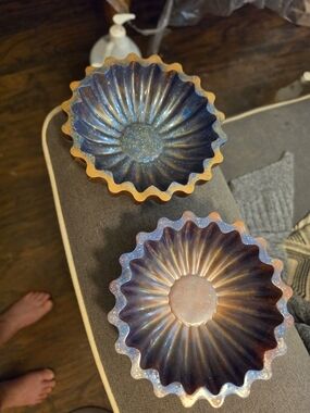 Resin Handmade Iridescent Blue, Gold, Little Red Decorative Trinket Bowls.